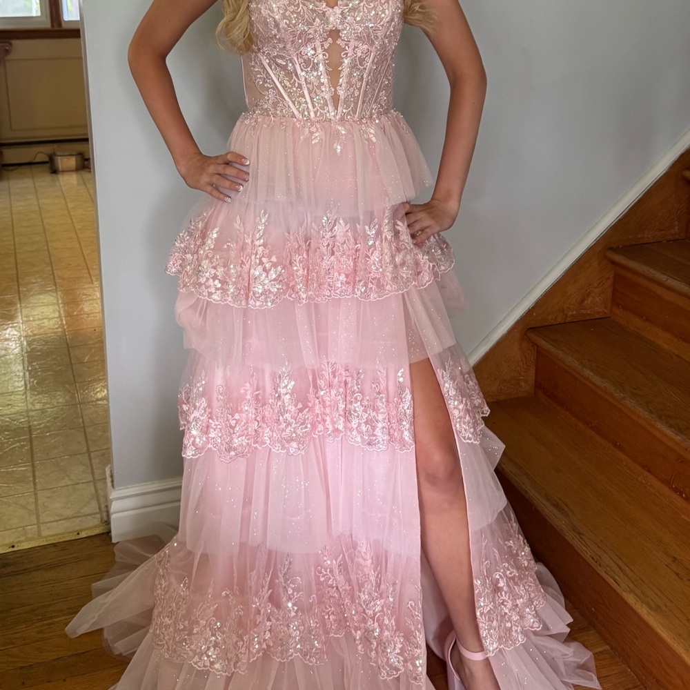 Sherri Hill Pink Lace Tiered Prom Dress
